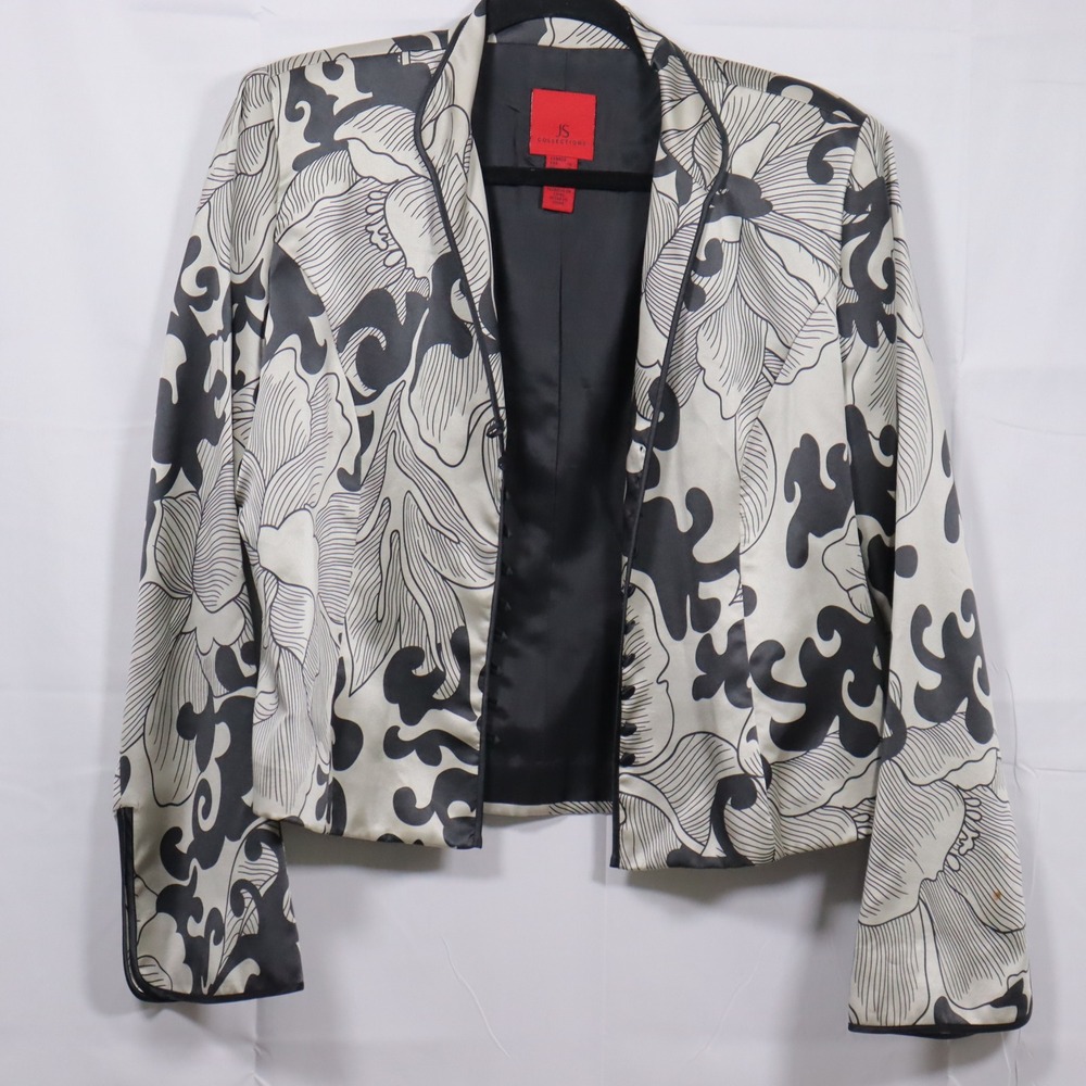 JS Collections Silk Floral Blazer 14 Black White Womens Satin Evening Jacket